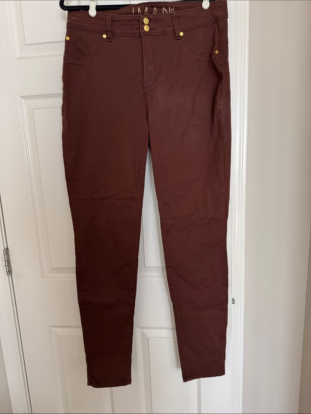 IMAN Deep Brown Skinny Pants with Gold Accents